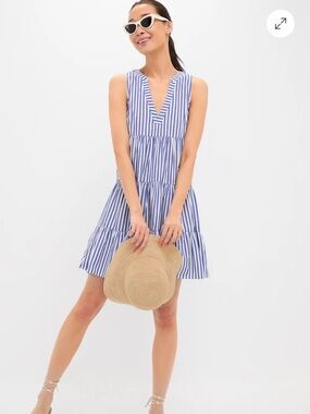 Sleeveless Blue & White Striped V-Neck Tiered Swim Coverup